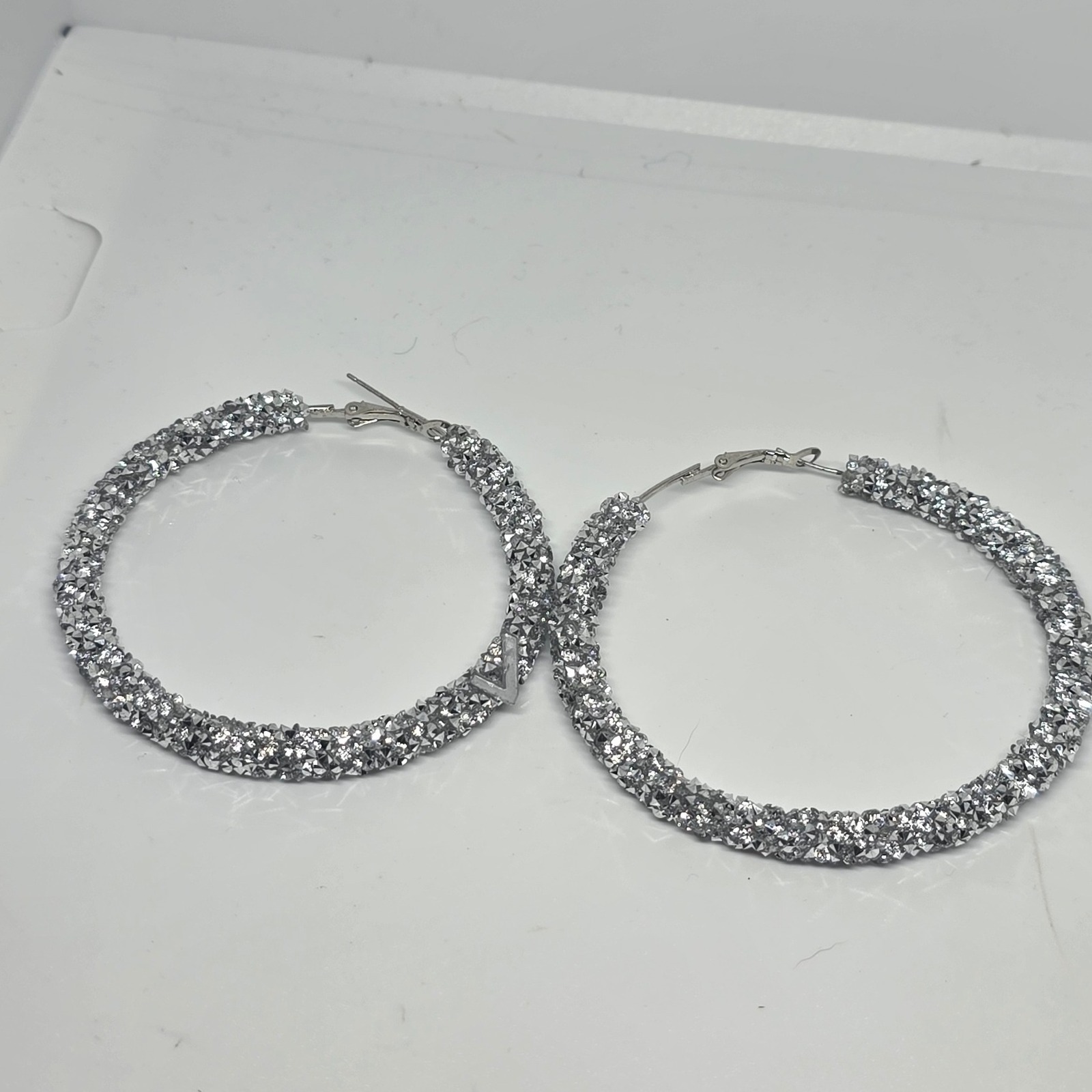 Rhinestone Hoop Earrings Silver Tone Statement Fashion Sparkly Jewelry